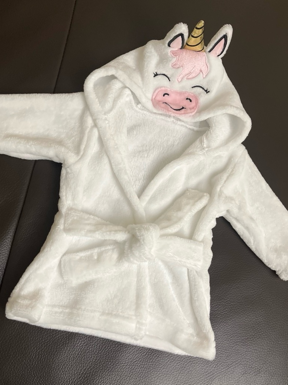 Unicorn Hooded Kids Robe in White with Pink Details